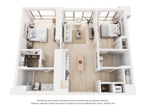 Floor plan for 2 beds, 2 baths, 1037 sqft