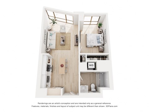 Floor plan for 1 bed, 1 bath, 697 sqft