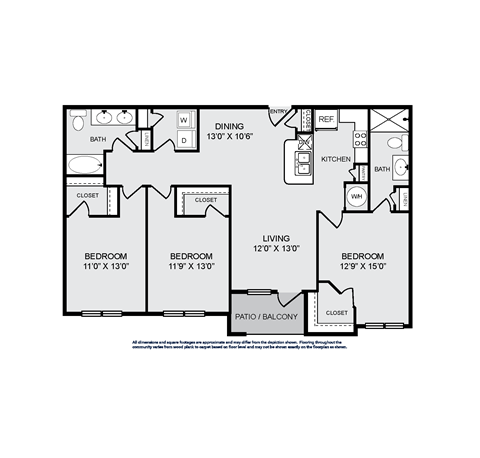 Floor plan for 3 beds, 2 baths, 1380 sqft