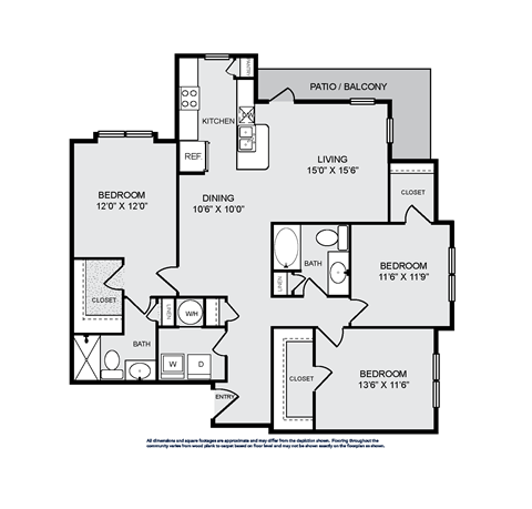 Floor plan for 3 beds, 2 baths, 1515 sqft