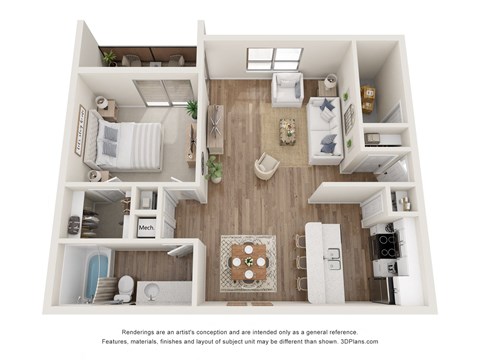 Floor plan for 1 bed, 1 bath, 734 sqft
