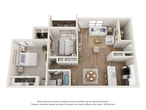 Floor plan for 2 beds, 1 bath, 956 sqft