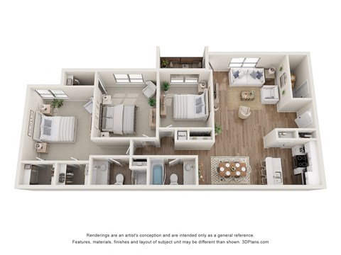 Floor plan for 3 beds, 2 baths, 1193 sqft