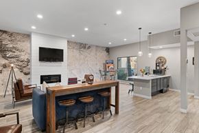Tucson apartment for rent - A modern living room with a fireplace and a bar area.
