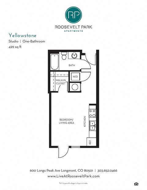 Floor plan for studio, 1 bath, 429 sqft