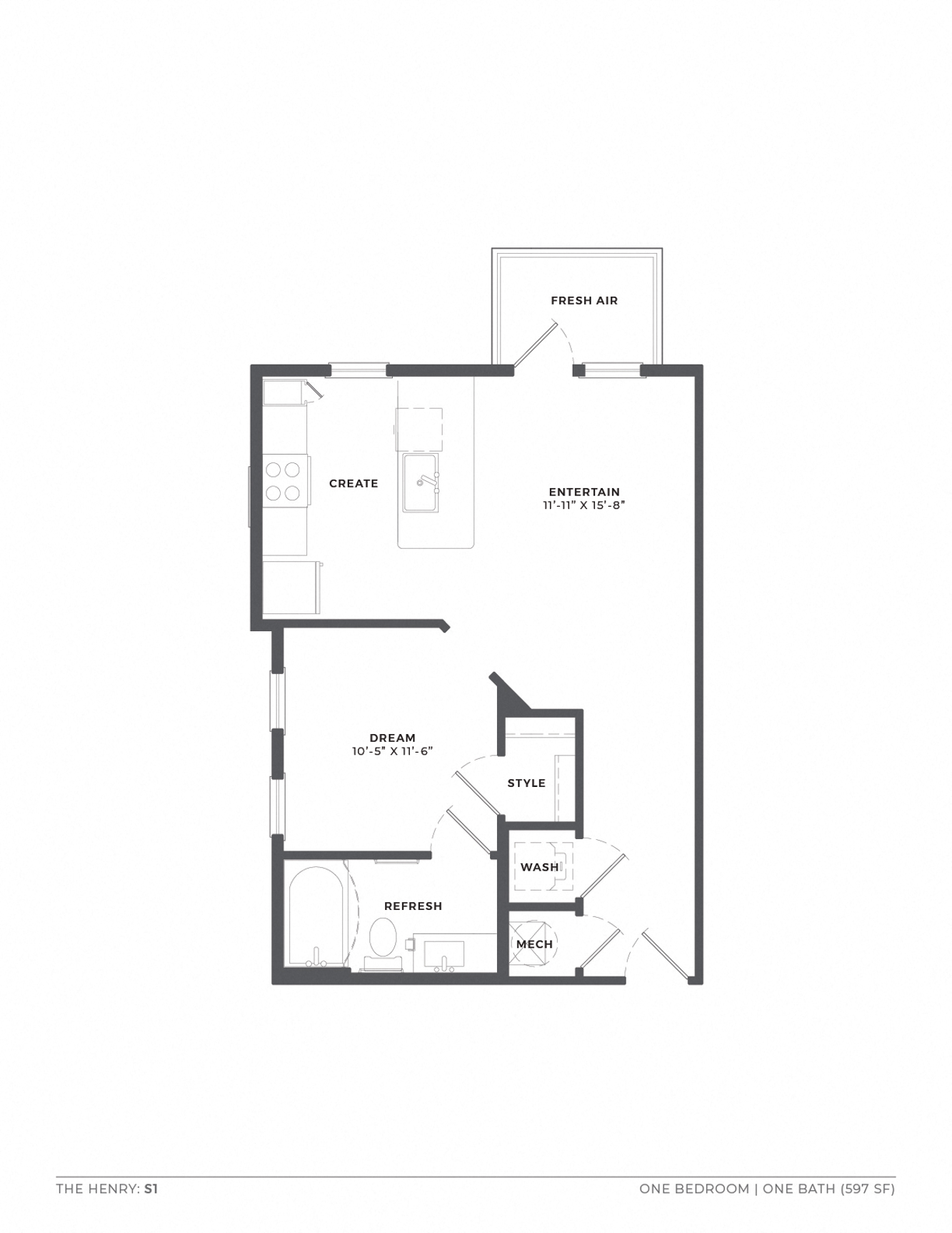 Floor plan for studio, 1 bath, 597 sqft