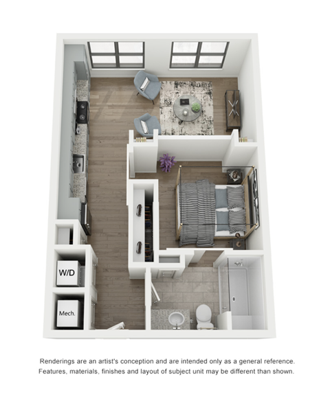 Floor plan for studio, 1 bath, 590 sqft