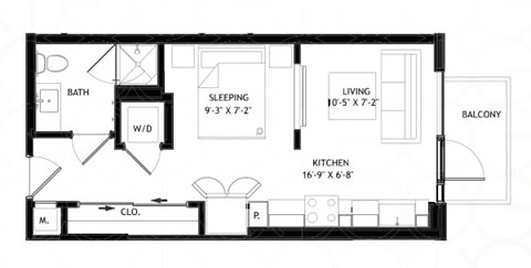 Floor plan for studio, 1 bath, 464 sqft