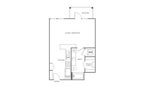 Floor plan for studio, 1 bath, 588 sqft
