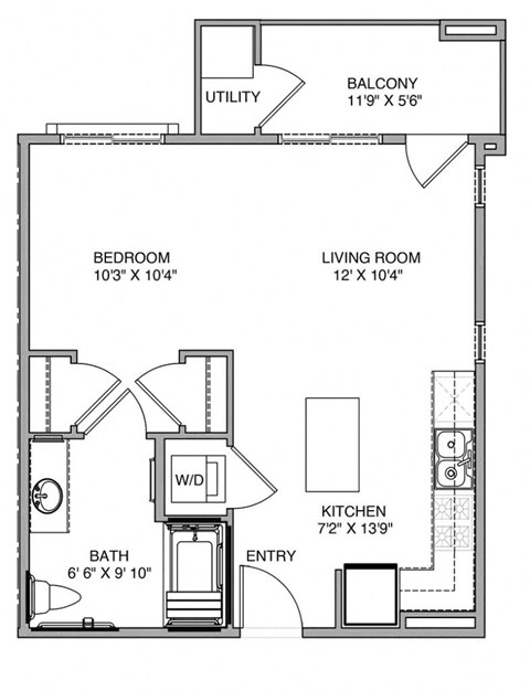Floor plan for studio, 1 bath, 625 sqft