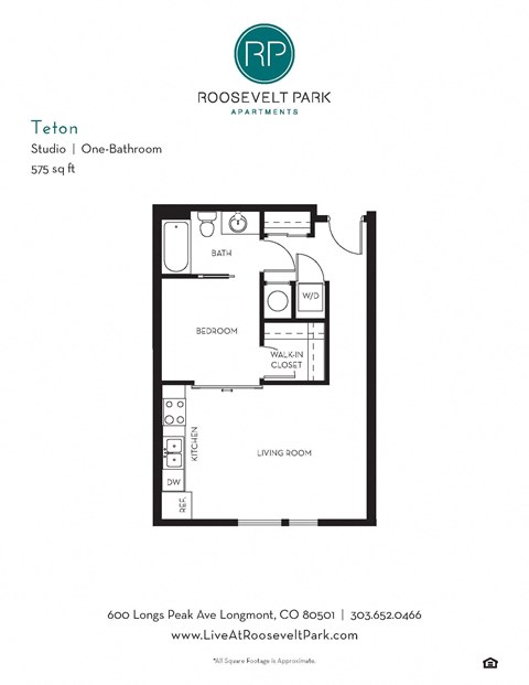 Floor plan for studio, 1 bath, 575 sqft