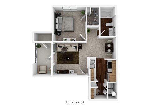 Floor plan for 1 bed, 1 bath, 641 sqft