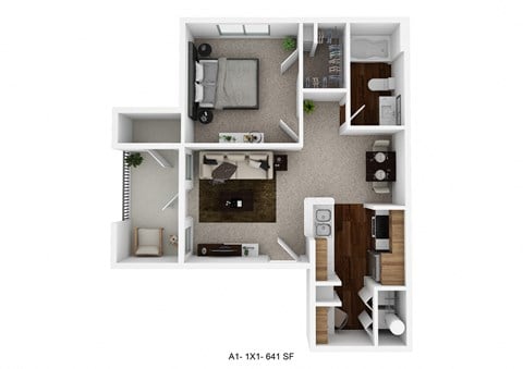 Floor plan for 1 bed, 1 bath, 641 sqft