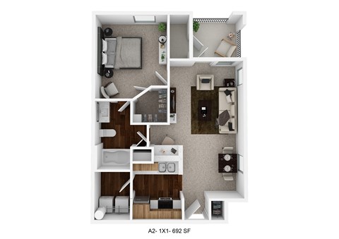 Floor plan for 1 bed, 1 bath, 692 sqft