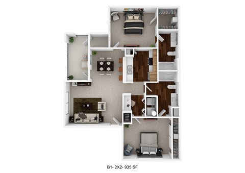 Floor plan for 2 beds, 2 baths, 935 sqft