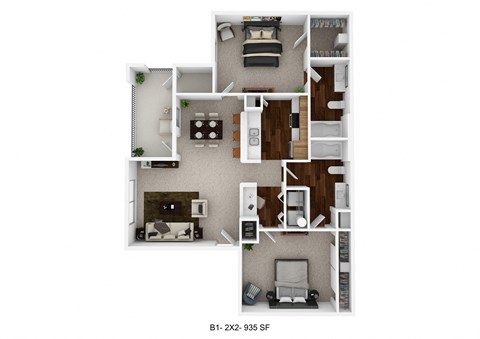 Floor plan for 2 beds, 2 baths, 935 sqft