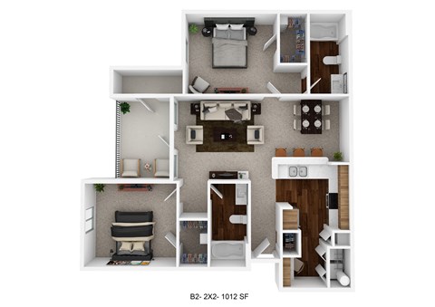Floor plan for 2 beds, 2 baths, 1012 sqft