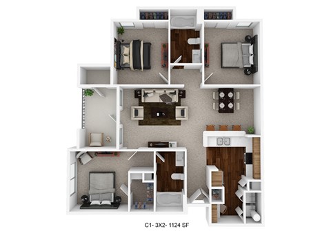 Floor plan for 3 beds, 2 baths, 1124 sqft