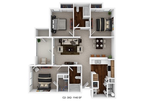 Floor plan for 3 beds, 2 baths, 1140 sqft