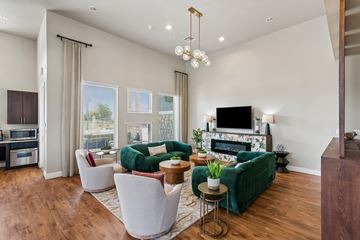 Bryan apartment for rent - A living room with a green couch and a fireplace.
