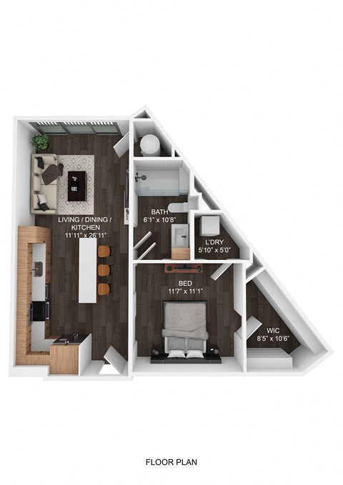 Floor plan for 1 bed, 1 bath, 663 sqft