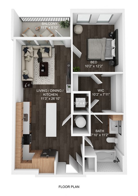 Floor plan for 1 bed, 1 bath, 692 sqft
