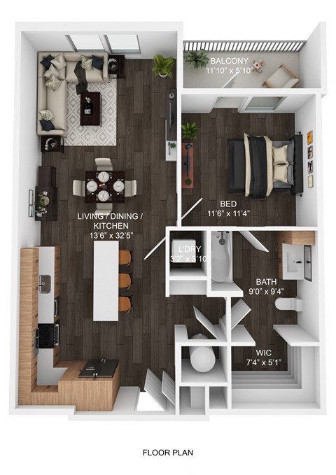 Floor plan for 1 bed, 1 bath, 808 sqft
