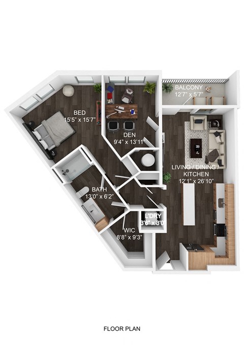 Floor plan for 1 bed, 1 bath, 922 sqft