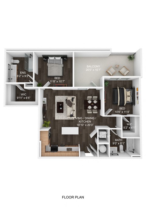 Floor plan for 2 beds, 2 baths, 1030 sqft