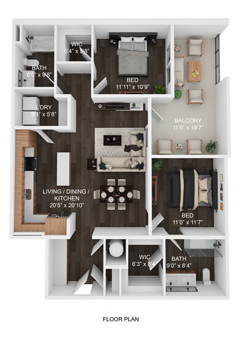 Floor plan for 2 beds, 2 baths, 1118 sqft