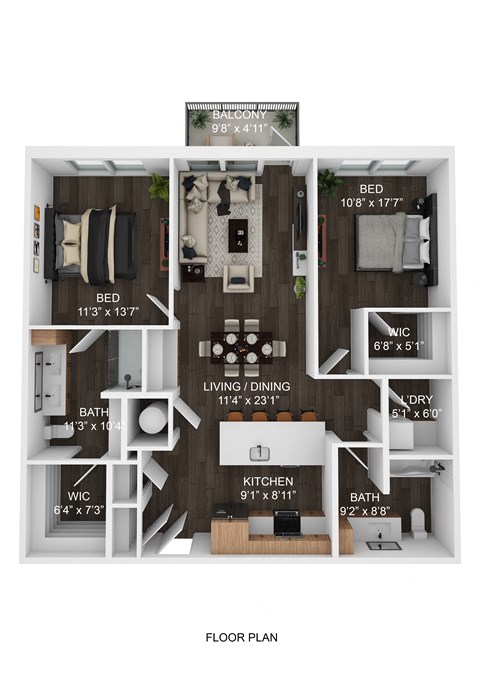Floor plan for 2 beds, 2 baths, 1160 sqft