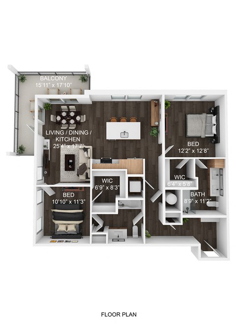 Floor plan for 2 beds, 2 baths, 1205 sqft