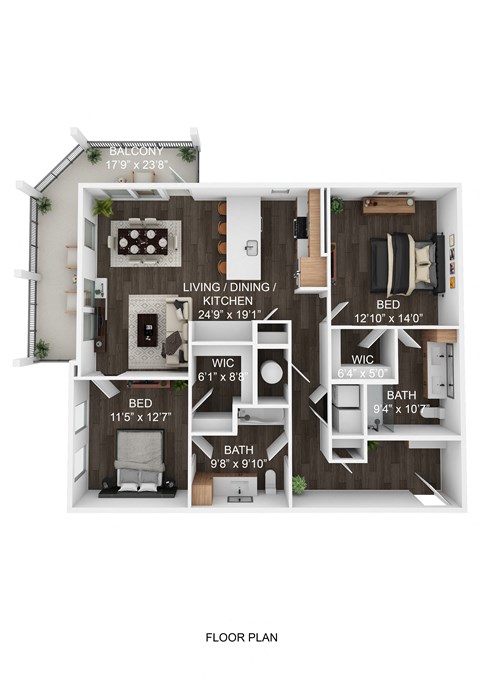 Floor plan for 2 beds, 2 baths, 1255 sqft