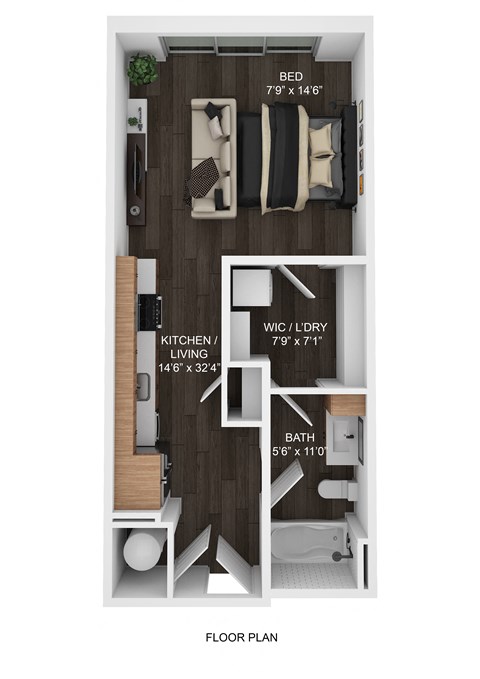 Floor plan for studio, 1 bath, 512 sqft
