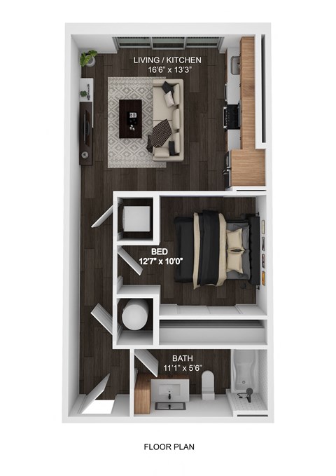 Floor plan for 1 bed, 1 bath, 578 sqft