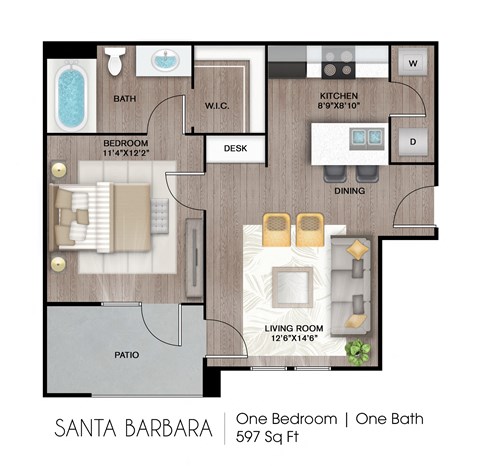 Floor plan for 1 bed, 1 bath, 597 sqft