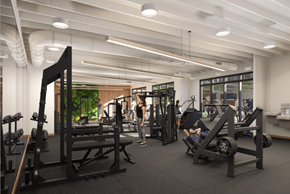 Omaha apartment for rent - A gym with people working out and various equipment.
