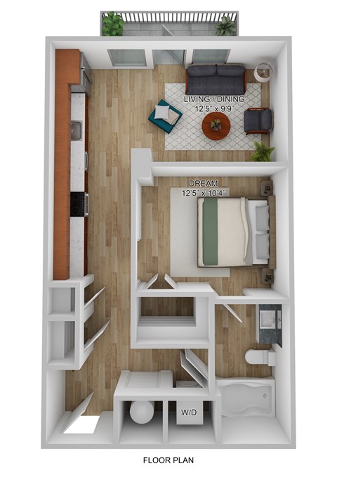 Floor plan for studio, 1 bath, 589 sqft