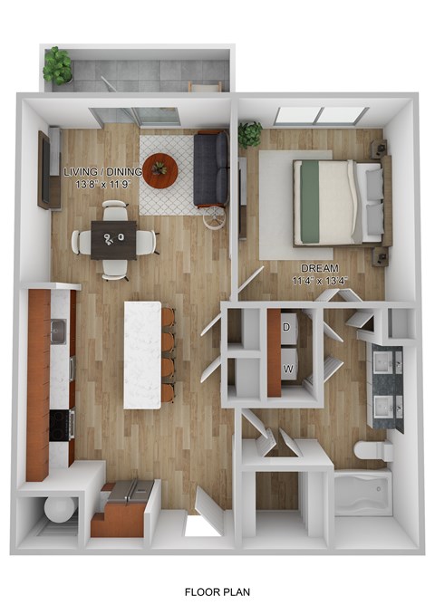 Floor plan for 1 bed, 1 bath, 704 sqft