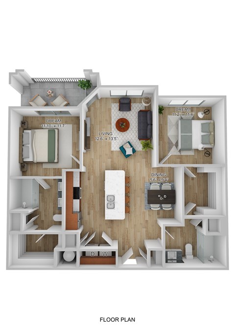 Floor plan for 2 beds, 2 baths, 1016 sqft