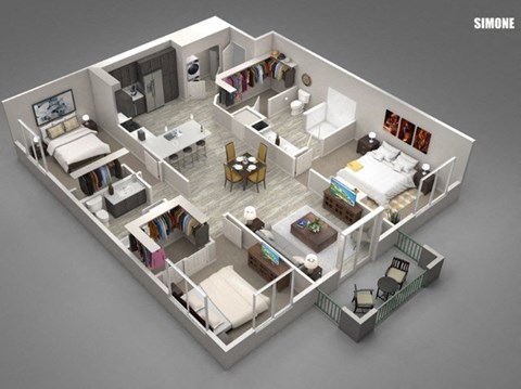 Floor plan for 3 beds, 2 baths, 1517 sqft