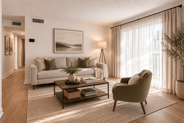 Brandon apartment for rent - A living room with a white couch, a green armchair, and a coffee table with a vase of flowers on it.