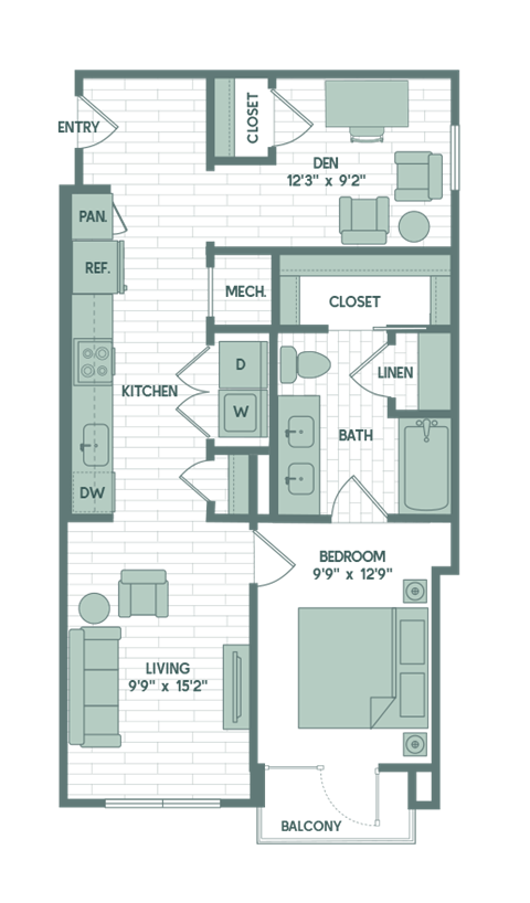 Floor plan for 1 bed, 1 bath, 740 sqft