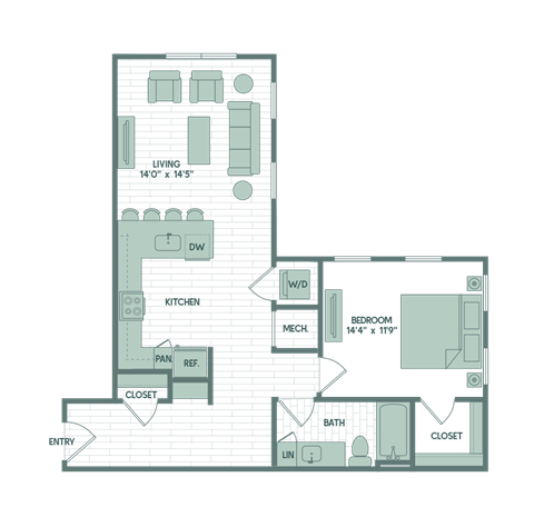 Floor plan for 1 bed, 1 bath, 840 sqft