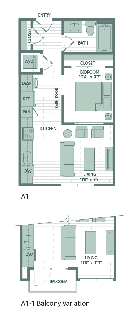 Floor plan for 1 bed, 1 bath, 525 sqft