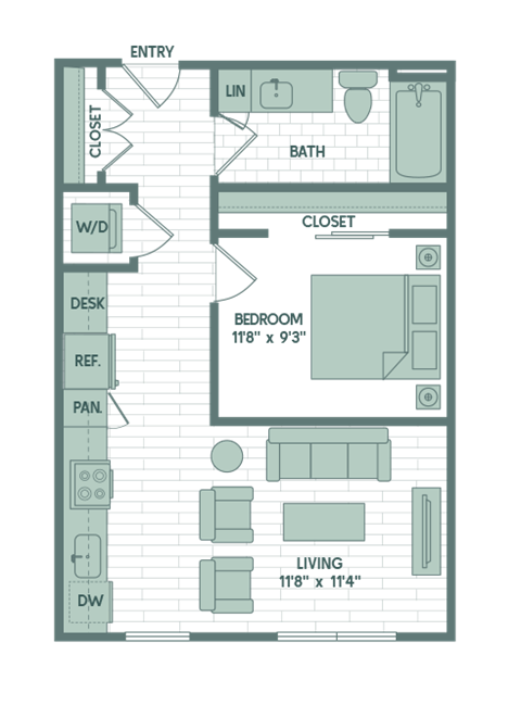 Floor plan for 1 bed, 1 bath, 585 sqft
