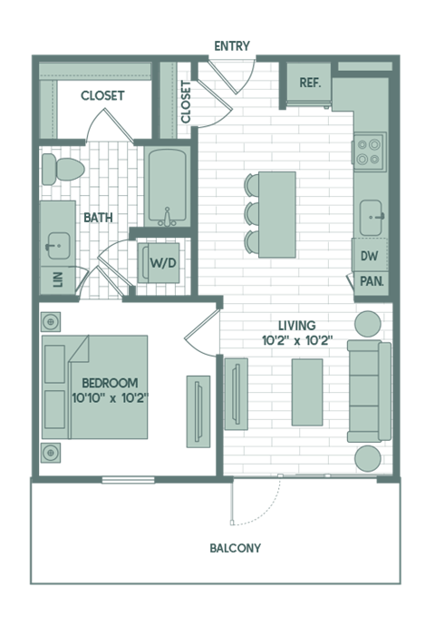 Floor plan for 1 bed, 1 bath, 585 sqft