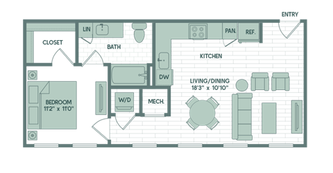 Floor plan for 1 bed, 1 bath, 640 sqft