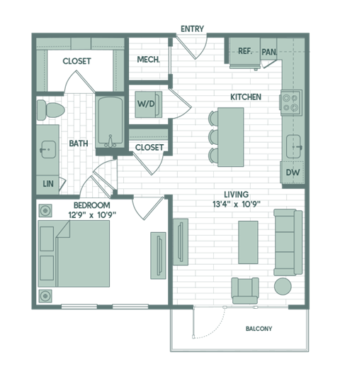 Floor plan for 1 bed, 1 bath, 557 sqft