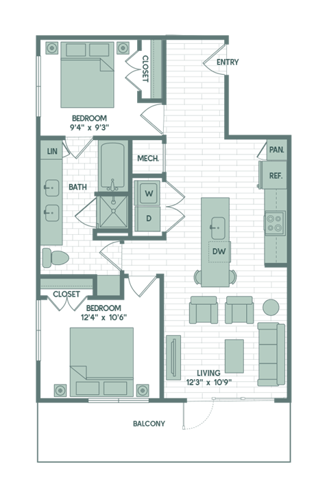 Floor plan for 2 beds, 1 bath, 842 sqft